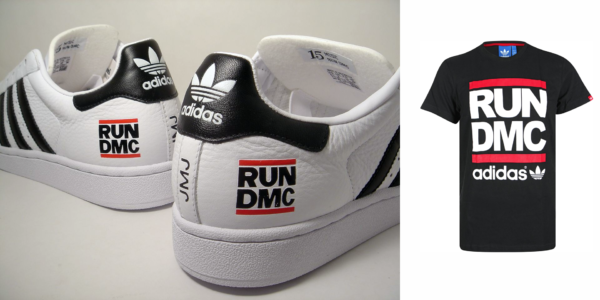 מימין: חולצת אדידס Run DMC, משמאל: נעלי אדידס סופרסטאר Run DMC